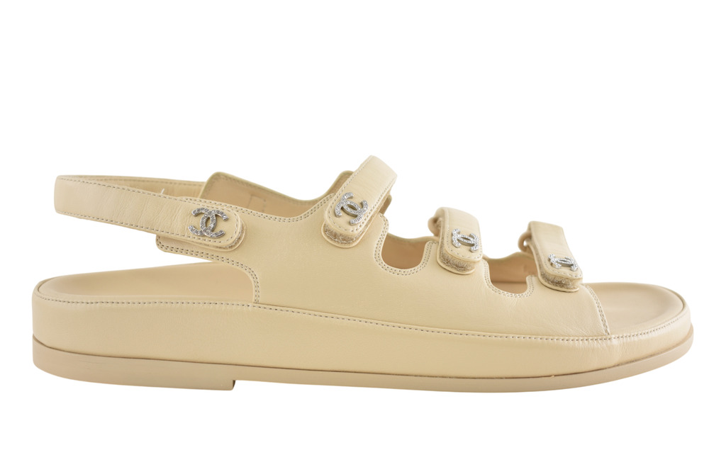Chanel 24S Beige Leather Triple Strap CC Logo Mule Slide Teva Dad Sandal Flat 41